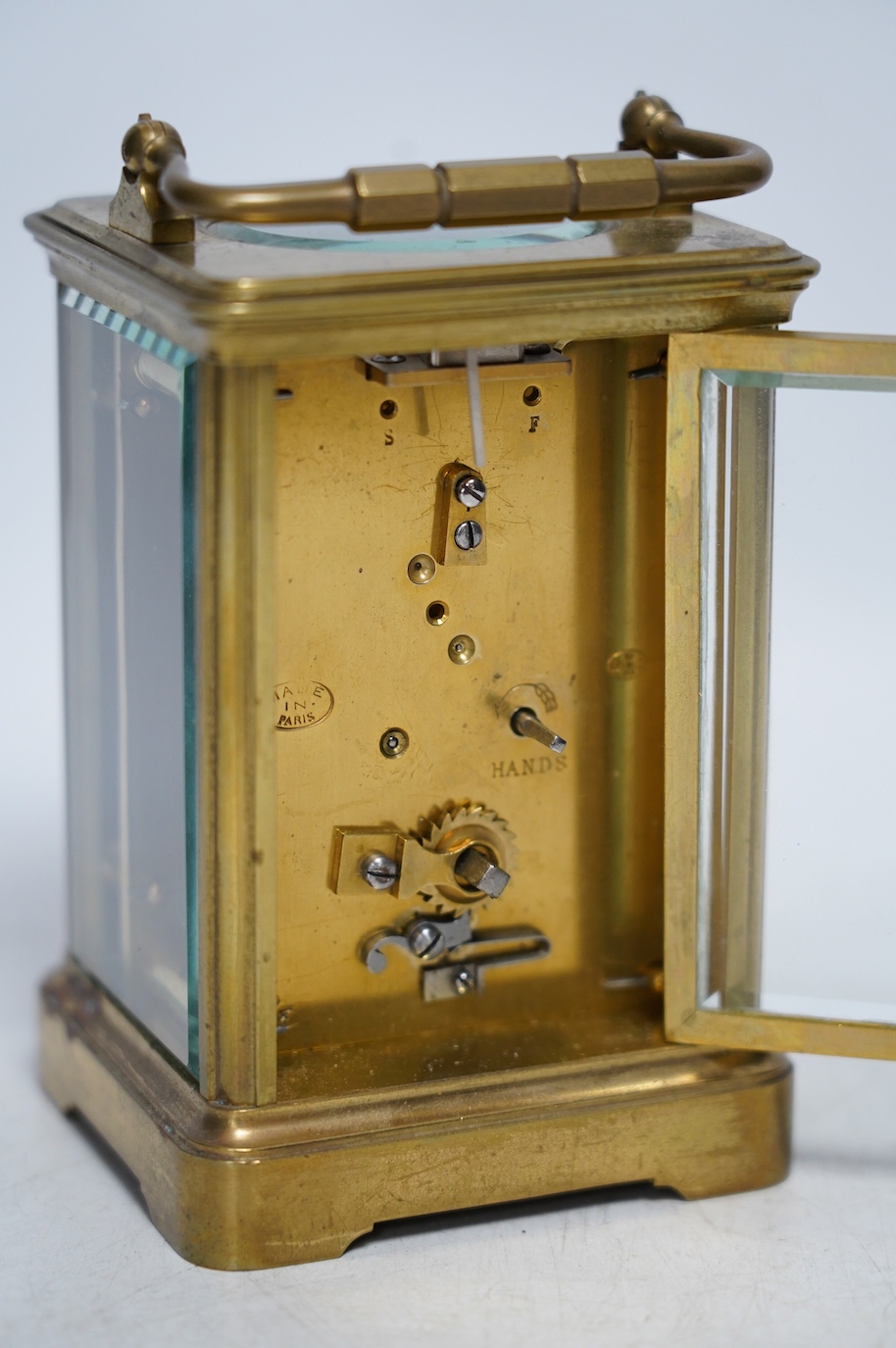 A late 19th century Drocourt brass case carriage timepiece, 14cm. Condition - fair, not tested as working